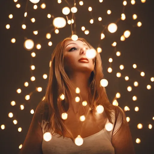 Prompt: a huge pile of light bulbs and a beautiful woman on top of it