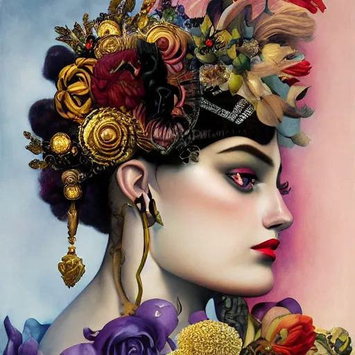 Prompt: dynamic composition, a painting of a woman with hair of flowers and raven plummage wearing ornate earrings, a surrealist painting by tom bagshaw and jacek yerga and tamara de lempicka and jesse king, featured on cgsociety, pop surrealism, surrealist, dramatic lighting, wiccan, pre - raphaelite, ornate gilded details