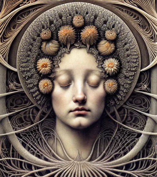 Image similar to detailed realistic beautiful flower goddess face portrait by jean delville, gustave dore, iris van herpen and marco mazzoni, art forms of nature by ernst haeckel, art nouveau, symbolist, visionary, gothic, neo - gothic, pre - raphaelite, fractal lace, intricate alien botanicals, ai biodiversity, surreality, hyperdetailed ultrasharp octane render