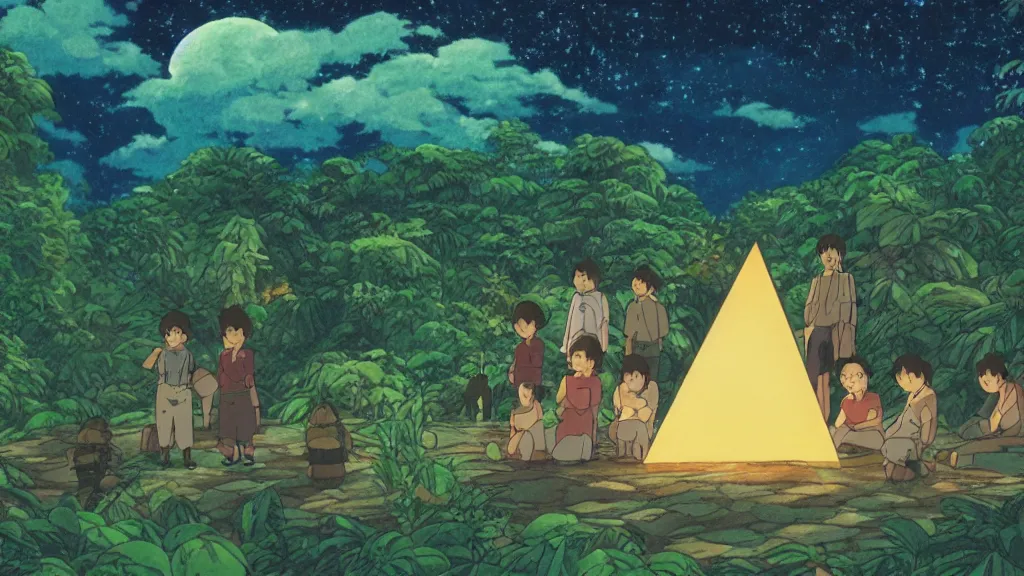 Image similar to a movie still from a studio ghibli film showing a glowing pyramid in the rainforest. a group of giant aliens meditate outside on a misty and starry night. by studio ghibli