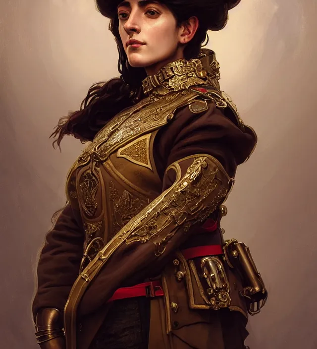 Image similar to portrait of a sicilian woman wearing a traditional nineteenth century kingdom of sicily military jacket, metal shoulder pauldrons, intricate, highly detailed, digital painting, artstation, concept art, sharp focus, cinematic lighting, illustration, art by artgerm and greg rutkowski, alphonse mucha, cgsociety