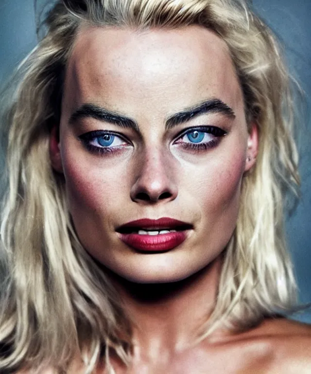 Image similar to a color photograph of margot robbie, by james nachtwey, platinum blond, intense, bold, exaggerated, ultra sharp, extra details, ultra high quality, trending on pinteresst