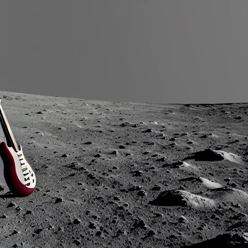 Prompt: photo of a stratocaster electric guitar standing idle on the moon. detailed. 8k