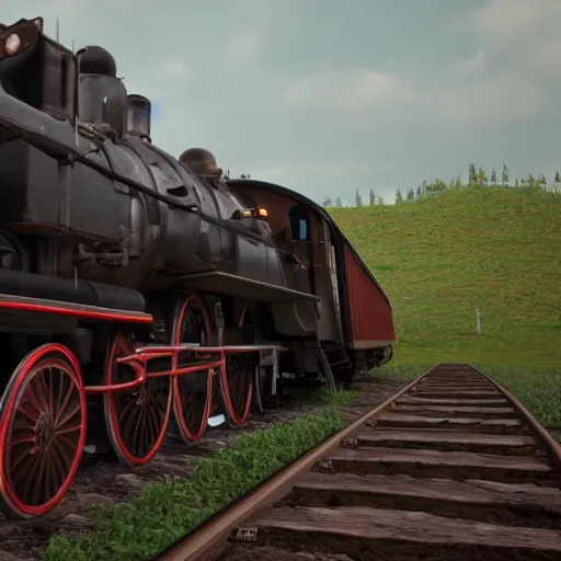 Prompt: old steam train standing on the track. octane render, unreal engine, cinematic