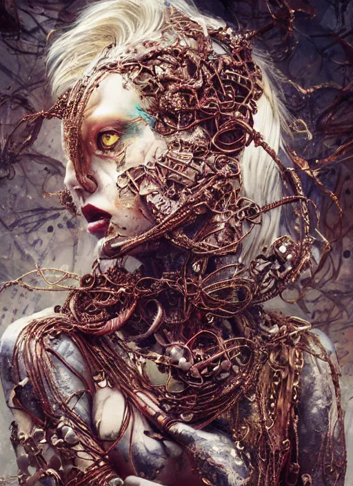 Prompt: expressive photo of sophia lauren, bumpy mottled skin full of blood and scars, ornate headpiece made from metals, cables and wires, hyper maximalist, elegant, body horror, by karol bak nd yoshitaka amano and greg rutkowski and jeremyg lipkinng and artgerm, photorealistic, fashion photography