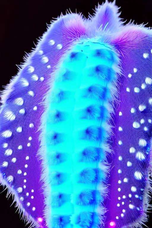 Image similar to high quality macro photo gelatinous furry moth! jeweled gorgeous! highly detailed david ligare elson peter cinematic blue neon lighting high quality low angle hd 8k sharp shallow depth of field