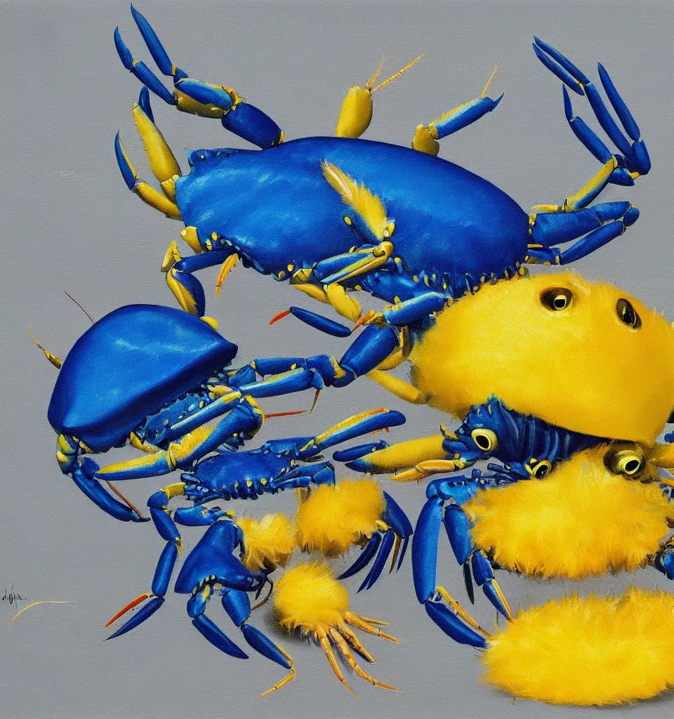 Image similar to still life painting of a blue fat fish crab lobster dancing with a yellow laughing duck rabbit on a white table, high contrast lighting, impressionism, real fur, real feather