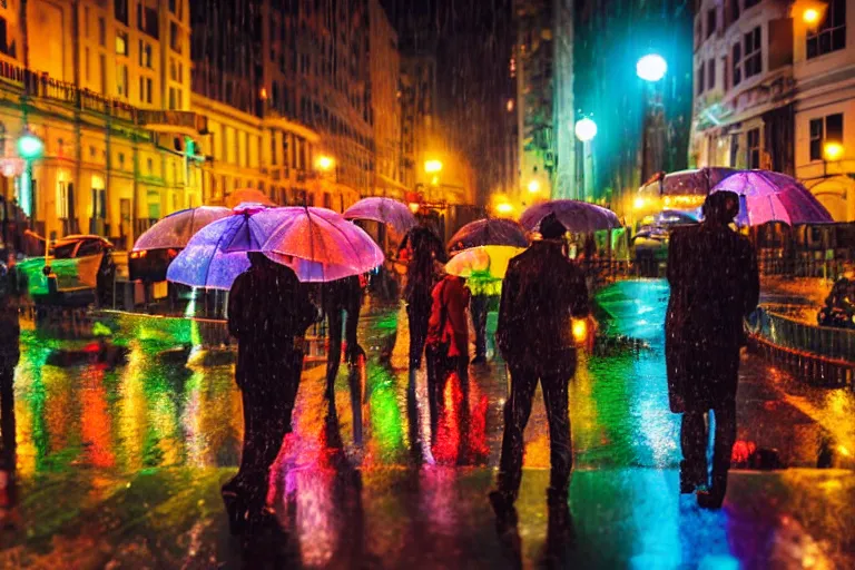 Prompt: canon, 300mm, bokeh, city at night, raining, reflections, people with umbrellas, neon lights