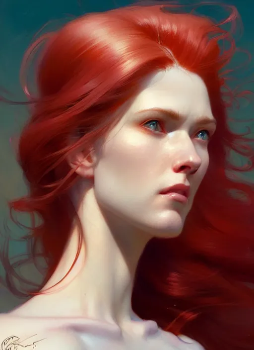 Prompt: close up highly detailed portrait of a beautiful!!! pale girl with flowing red hairs, sideview!!!, side view, focused, smirking, concentrated. by greg rutkowski and gaston bussiere and craig mullins and j. c. leyendecker, hd