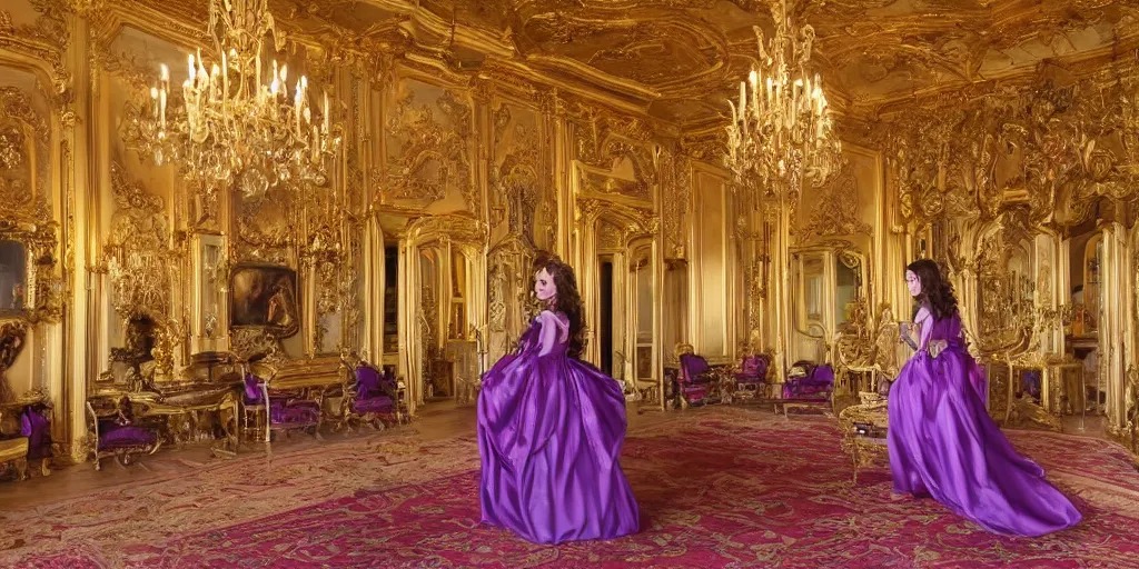 Prompt: highly detailed photo of a long hair princess walking in a baroque dreamy room full of renaissance furniture, cinematic lighting, intricate, 4k resolution, elegant, gold and purple