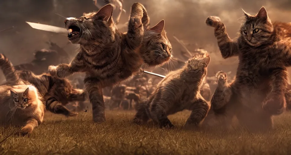 Prompt: epic battle scene cats versus humans, the last stand, Epic Background, highly detailed, sharp focus, 8k, 35mm, cinematic lighting