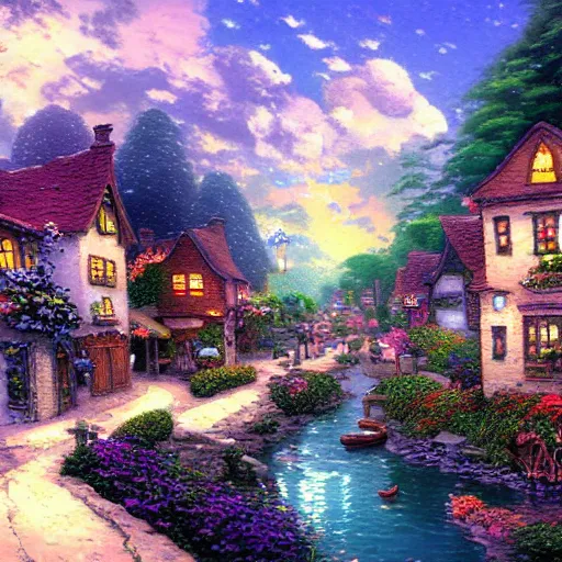 Prompt: A painting of a quaint village by Thomas Kinkade in the style of Studio Ghibli