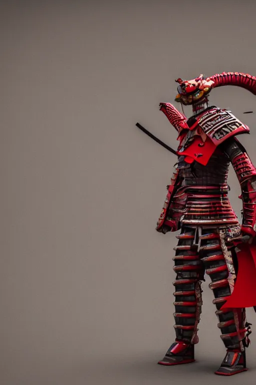 Image similar to photography of a mechanical dragon samurai in red japanese armor taken with Leica M11 , in human form, full body, ultra realistic, octan render