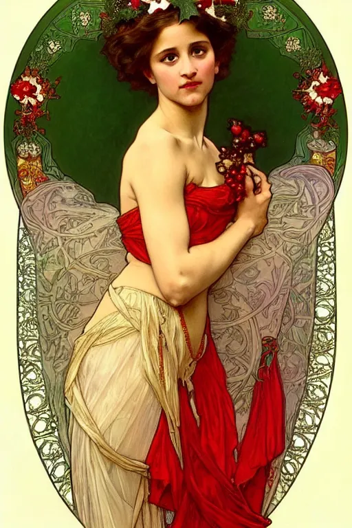 Prompt: realistic art nouveau style detailed portrait of alicia vikander wearing a holly wreath as a crown at christmas by alphonse mucha, william adolphe bouguereau, and donato giancola art nouveau style, red and green christmas colors