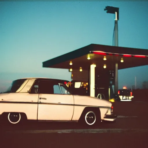 Prompt: a cinestill photography, it's night, the city is quiet, a car is parked at the last gas station at the edge of town, in the darkness eyes watch us, cinestill 800