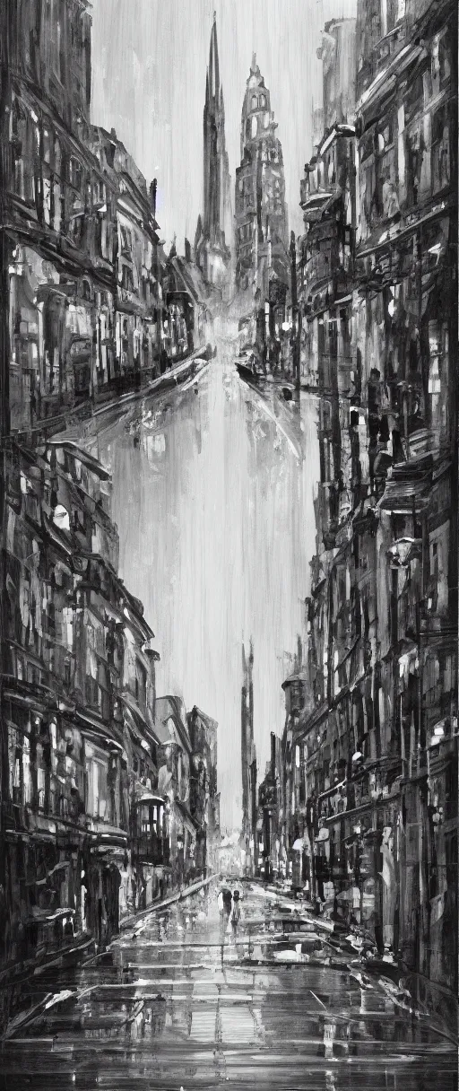 Prompt: Leeds City Centre black and white concept art oil painting
