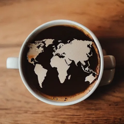 Prompt: Photo of the world map drawn in a cup of coffee sitting over a wooden table, award-winning, 35mm camera, amazing, pinterest