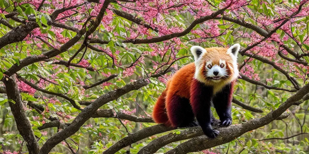 Prompt: a red panda in a serene forest, cherry trees Japanese forest, beautiful landscape