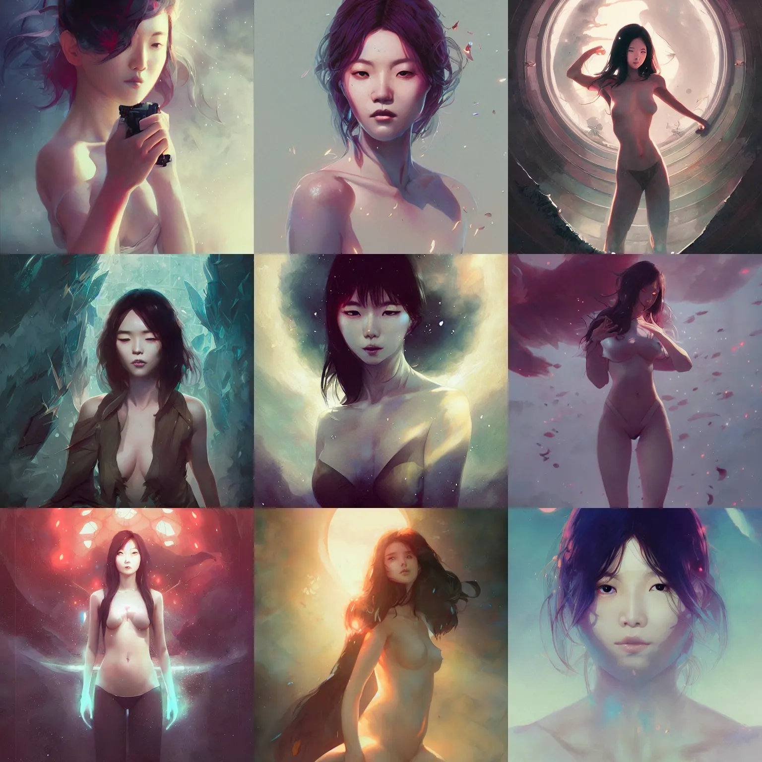 Prompt: lee jin - eun emerging from the multiverse by greg rutkowski, artgerm, ross tran, conrad roset, takato yomamoto, rule of thirds, seductive look, beautiful