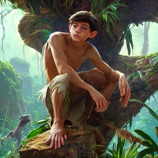 Prompt: skinny young tom holland as mowgli from the jungle book, dynamic lighting, path traced, atmospheric, highly detailed, high quality, beautiful painting, octane render, don bluth, ross tran, studio ghibli, alphonse mucha, jama jurabaev, extremely detailed, brush strokes, artstation, artgerm