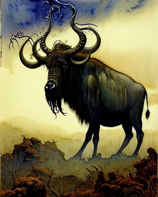 Prompt: a realistic and atmospheric watercolour fantasy character concept art portrait of a 4 0 ft. tall lovecraftian wildebeest emerging from the mist on the moors of ireland at night. by rebecca guay, michael kaluta, charles vess and jean moebius giraud