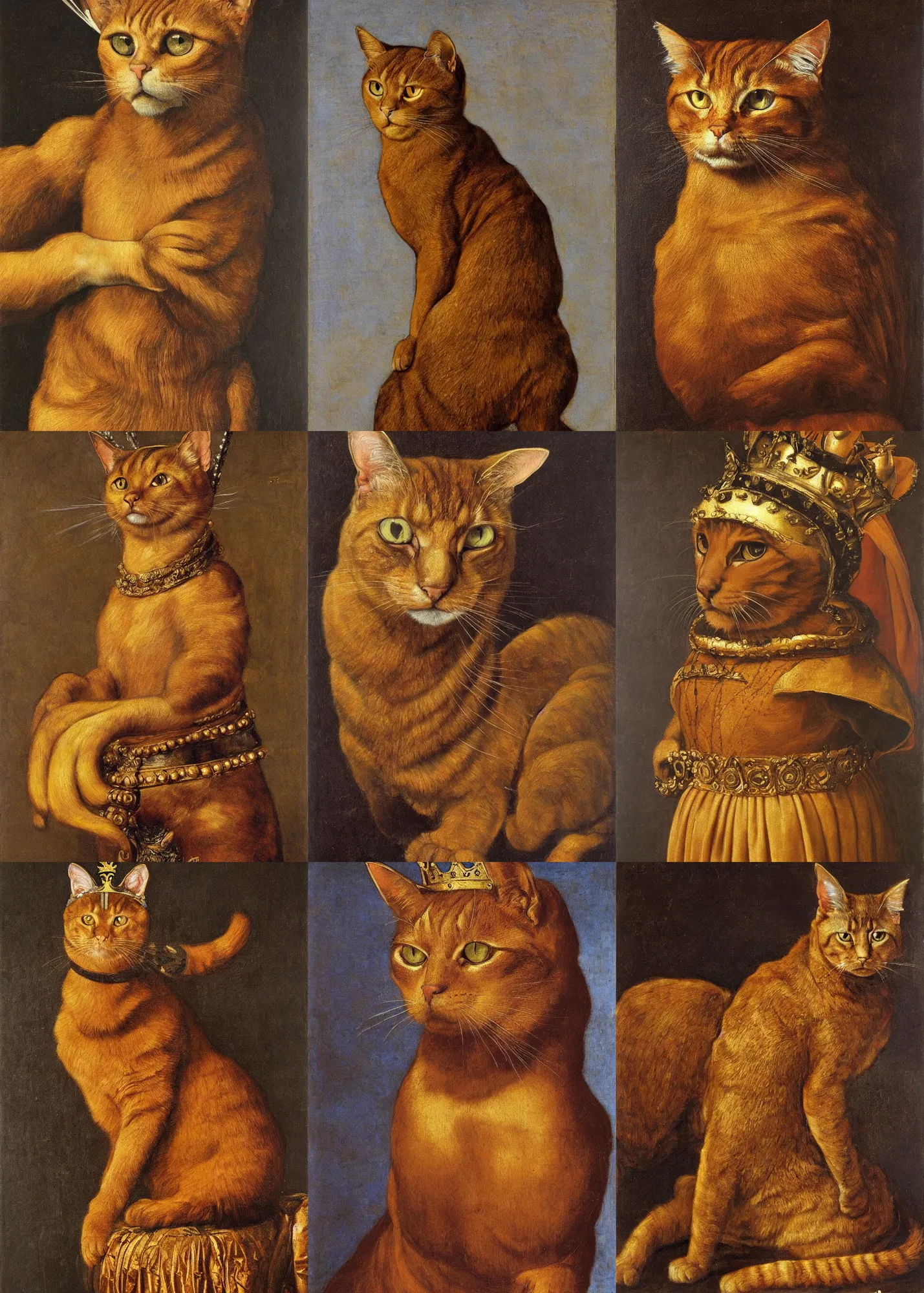 Prompt: a portrait of a brown cat with a golden armor and a crown, oil painting in a renaissance style , very detailed, painted by Artemia Gentileschi , Caravaggio, Titian, Rembrandt.