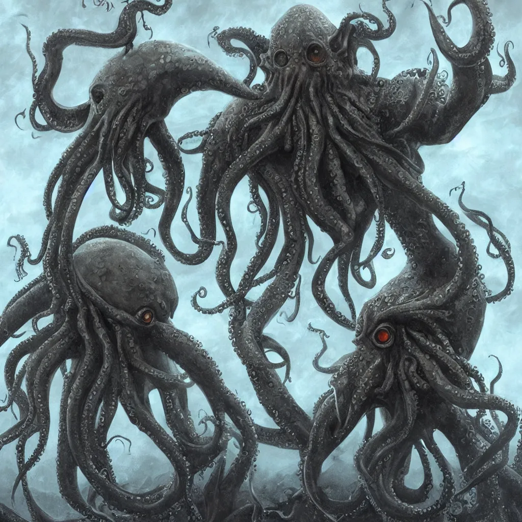 Prompt: great cthulhu, concept art, ocean, octopus head, squid head, his body is an mma fighter, humanoid, enormous, matte painting