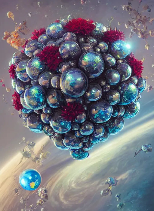 Image similar to An epic fantastic realism comic book style painting of the most beautiful flowers launched into space, perfect shiny silver iridescent dichroic spheres, bouquets, fisheye lens, unreal 5, DAZ, hyperrealistic, octane render, dynamic lighting