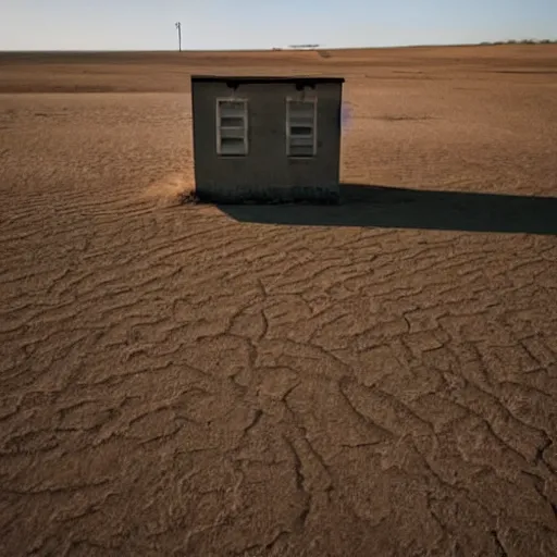 Image similar to A soviet-era residential block standing in the middle of an empty desert, sunny weather