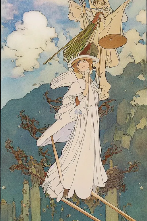 Image similar to A pure white witch wearing a giant hat flies through the skies of a fantasy medieval city on a broomstick by studio ghibli and mucha