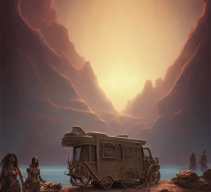 Image similar to subsurface scattering, a desert caravan rests at a lake oasis, the art of athas and dark sun, brom's dark sun art on a 7 0's style fantasy novel cover, digital painting by brom, amazingly detailed d & d art, concept art, intricate details, beautiful, volumetric lighting, cgsociety, artstation, square enix cinematic art