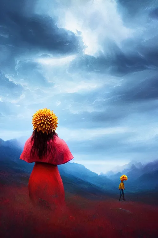 Image similar to closeup giant dahlia flower as head, girl standing on mountain, surreal photography, blue storm clouds, dramatic light, impressionist painting, digital painting, artstation, simon stalenhag