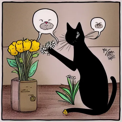 Prompt: cat smelling flowers, in the style of chiara bautista