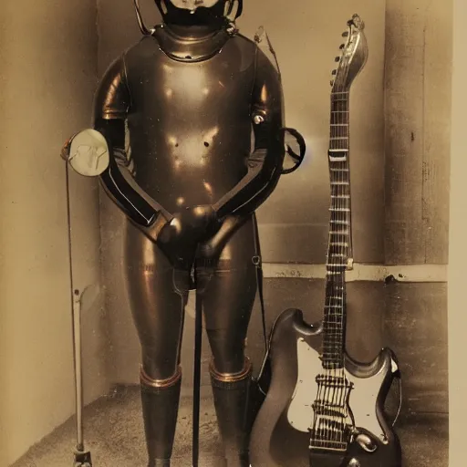 Image similar to early diving suit with copper helmet diver holding a stratocaster electric guitar. old diving suit pictures