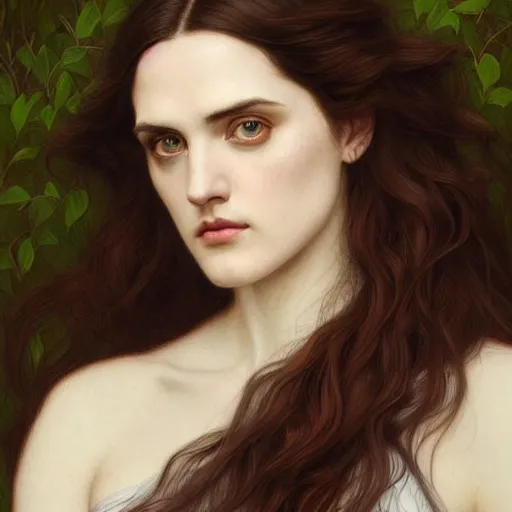 Image similar to beautiful striking Pre-Raphaelite Katie McGrath by Artgerm and Greg Rutkowski, intricate, elegant, highly detailed, digital painting, pale, perfect eyes, symmetrical face