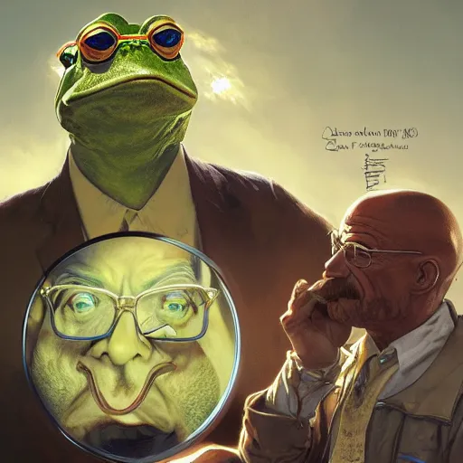 Image similar to a frog and walter white, intricate, highly detailed, digital painting, artstation, concept art, smooth, sharp focus, illustration, unreal engine 5, 8 k, art by artgerm and greg rutkowski and alphonse mucha