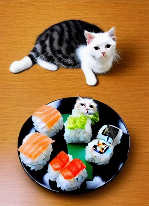 Image similar to clear photorealistic picture of adorable cats made out of sushi