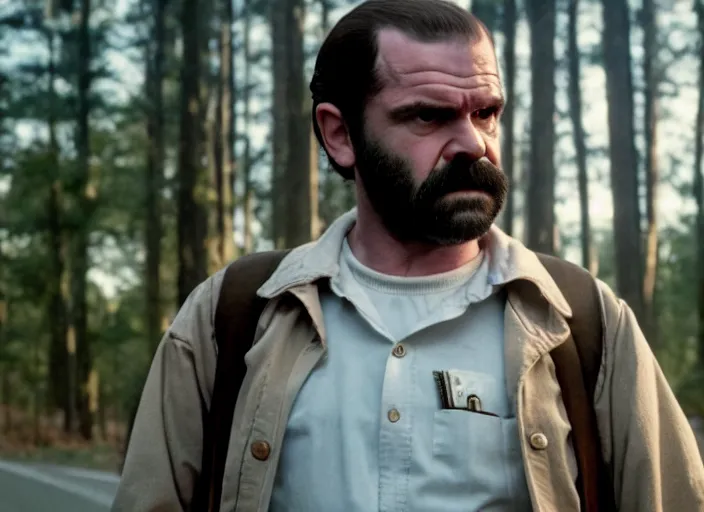 Image similar to film still of jim hopper as nancy wheeler in stranger things, 8 k