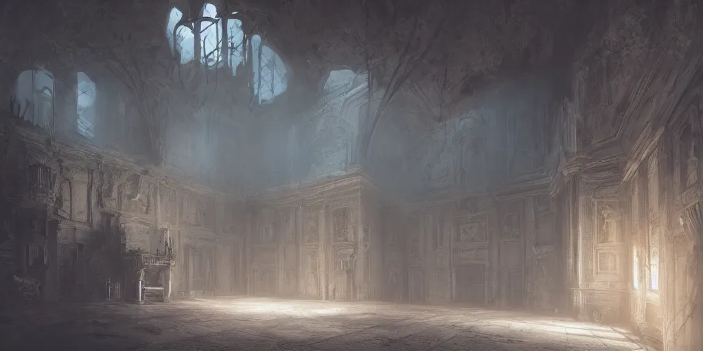 Prompt: interior of a haunted! castle, eerie dynamic lighting, cinematic, wide angle establishing shot, extremely high detail, photo realistic, cinematic lighting, post processed, concept art, artstation, matte painting, style by eddie mendoza, raphael lacoste, alex ross, volumetric lighting, light rays, photorealistic, ultrarealistic, moody, coronarender, 8 k