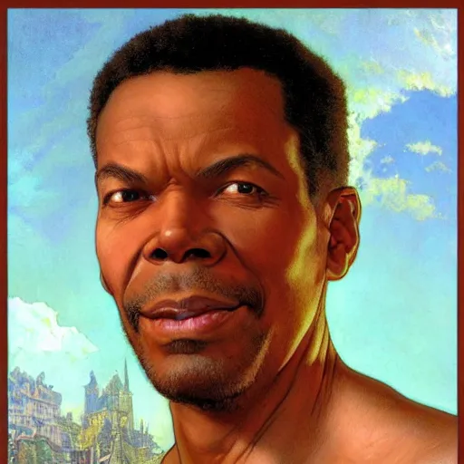 Image similar to highly detailed closeup portrait of phil lamarr with red hair, very detailed, realistic, card, by stanley artgerm lau, greg rutkowski, thomas kindkade, alphonse mucha, loish, norman rockwell j.