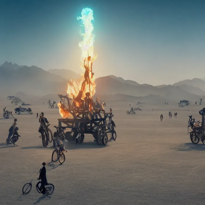 Prompt: BURNING MAN. black rock desert. Charlize Theron. intricate artwork. by Tooth Wu, wlop, beeple, dan mumford. octane render, trending on artstation, greg rutkowski very coherent symmetrical artwork. cinematic, hyper realism, high detail, octane render, 8k, iridescent accents