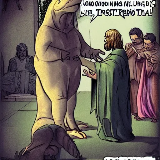 Prompt: trex priest prays to dinosaur Jesus