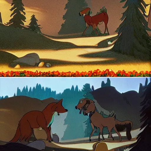 Image similar to environment matte paintings from the fox and the hound ( 1 9 8 1 )