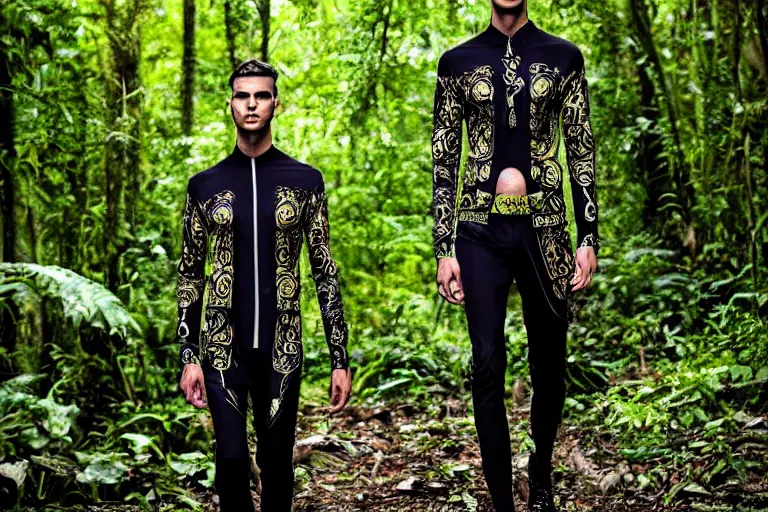 Image similar to versace avant garde male tunics posing in the jungle woods intricate modern choatic textiles streetwear cyberpunk dark cloudy overcast