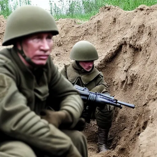 Prompt: Putin is sitting in the trenches and defending himself from Ukrainian troops, household style