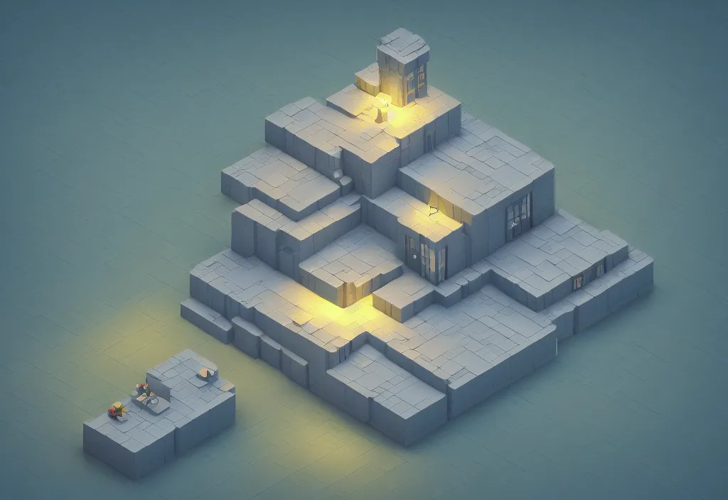 Image similar to isometric house on a mountain top magicavoxel cinematic lighting, 4k