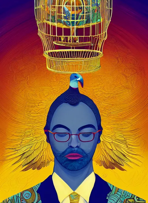 Image similar to beautiful painting of a mystical man in a suit with a golden bird cage as a head, in the style of james jean and victo ngai and sam spratt, mystical colors, trending on artstation