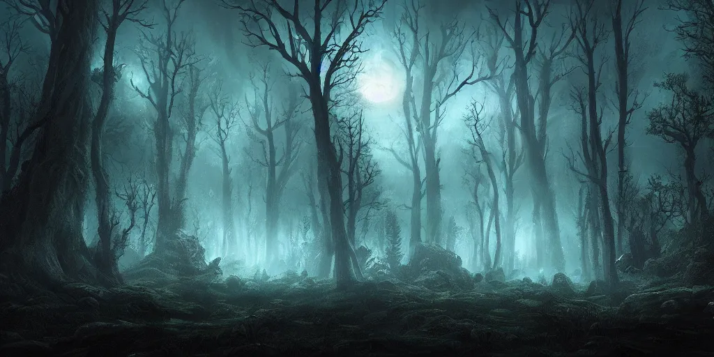 Image similar to beautiful matte painting of a fantasy dark forest at night