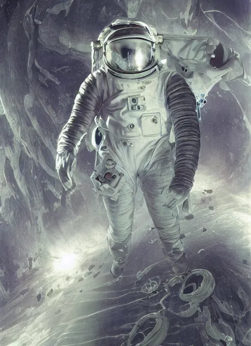 Image similar to astronaut in dark void underwater - complex and hyperdetailed technical suit design. reflection and dispersion materials. rays and dispersion of light. volumetric light. f / 3 2. noise film photo. flash photography. ultra realistic, 5 0 mm. poster by wayne barlowe, hajime sorayama aaron horkey, craig mullins