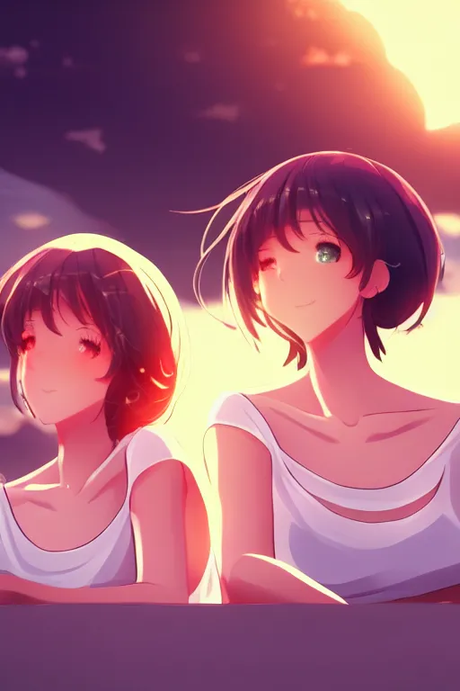 Image similar to two beautiful mothers sitting on a hot summer evening, gorgeous faces, thick lines, cinematic lighting, detailed anime art